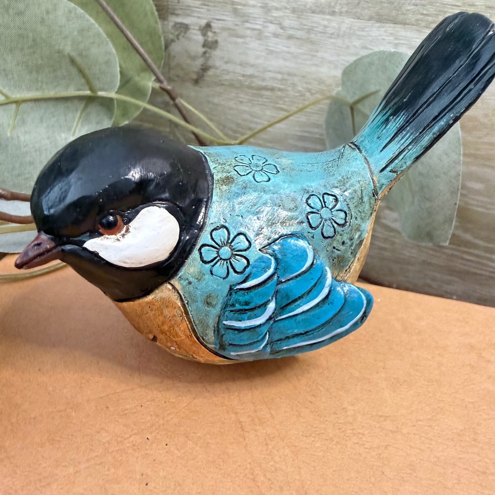 Blue Floral Hand Painted Bird Figurine Whimsical Chickadee Resin Decor